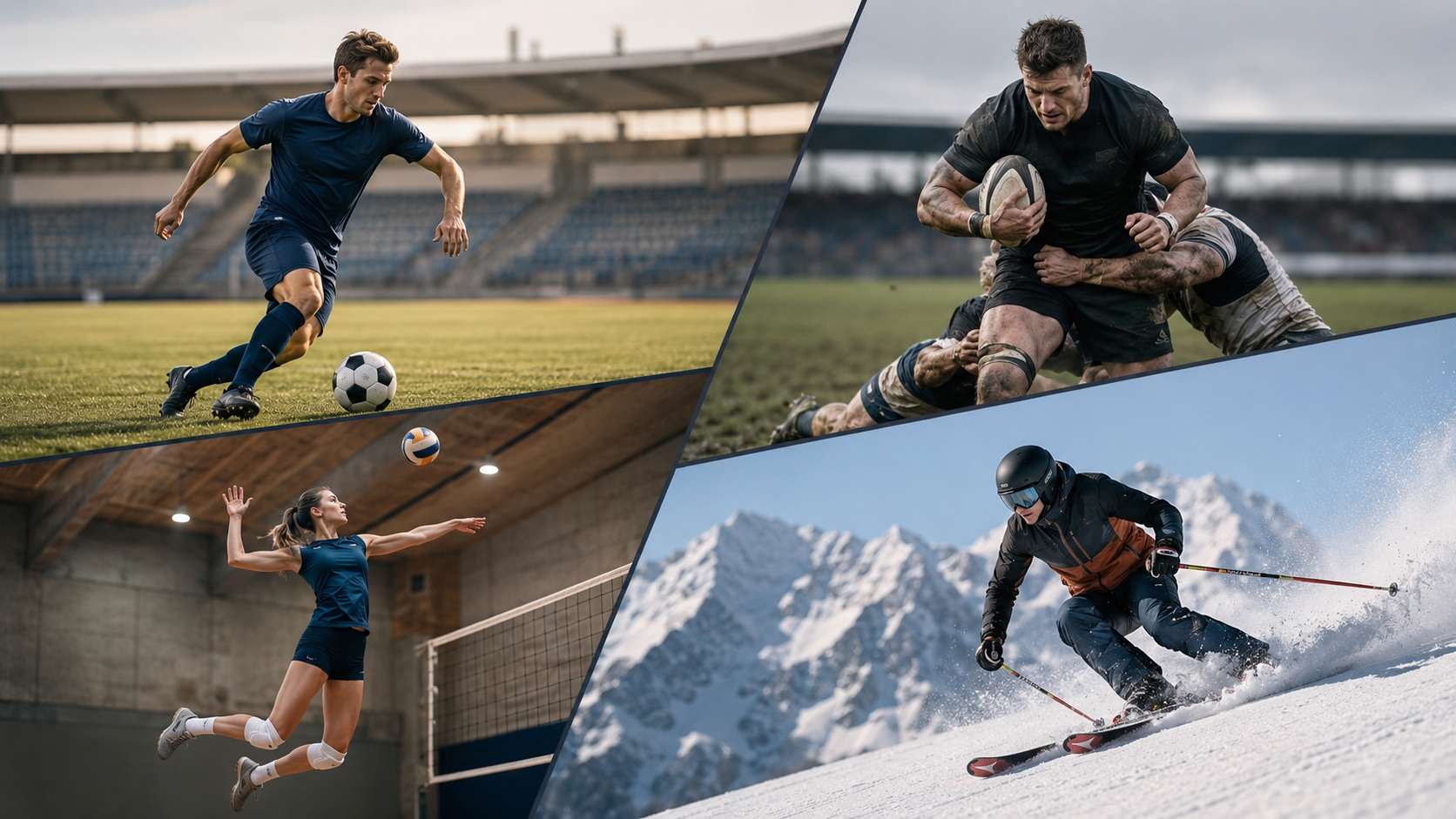 Atleti di calcio, rugby, pallavolo e sci in azione