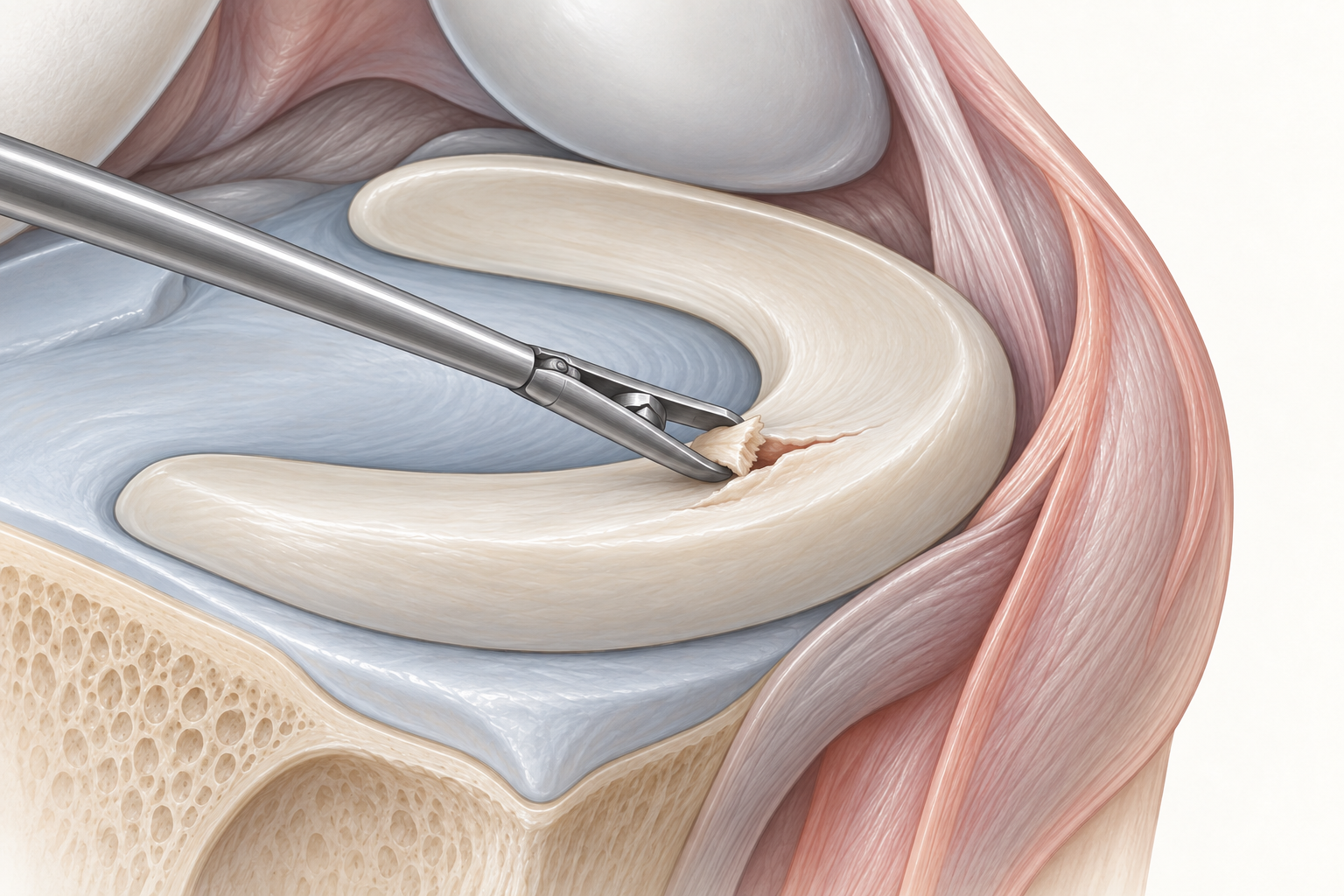 Illustrazione anatomica di una meniscectomia selettiva con basket artroscopico che rimuove una piccola lesione del bordo libero del menisco