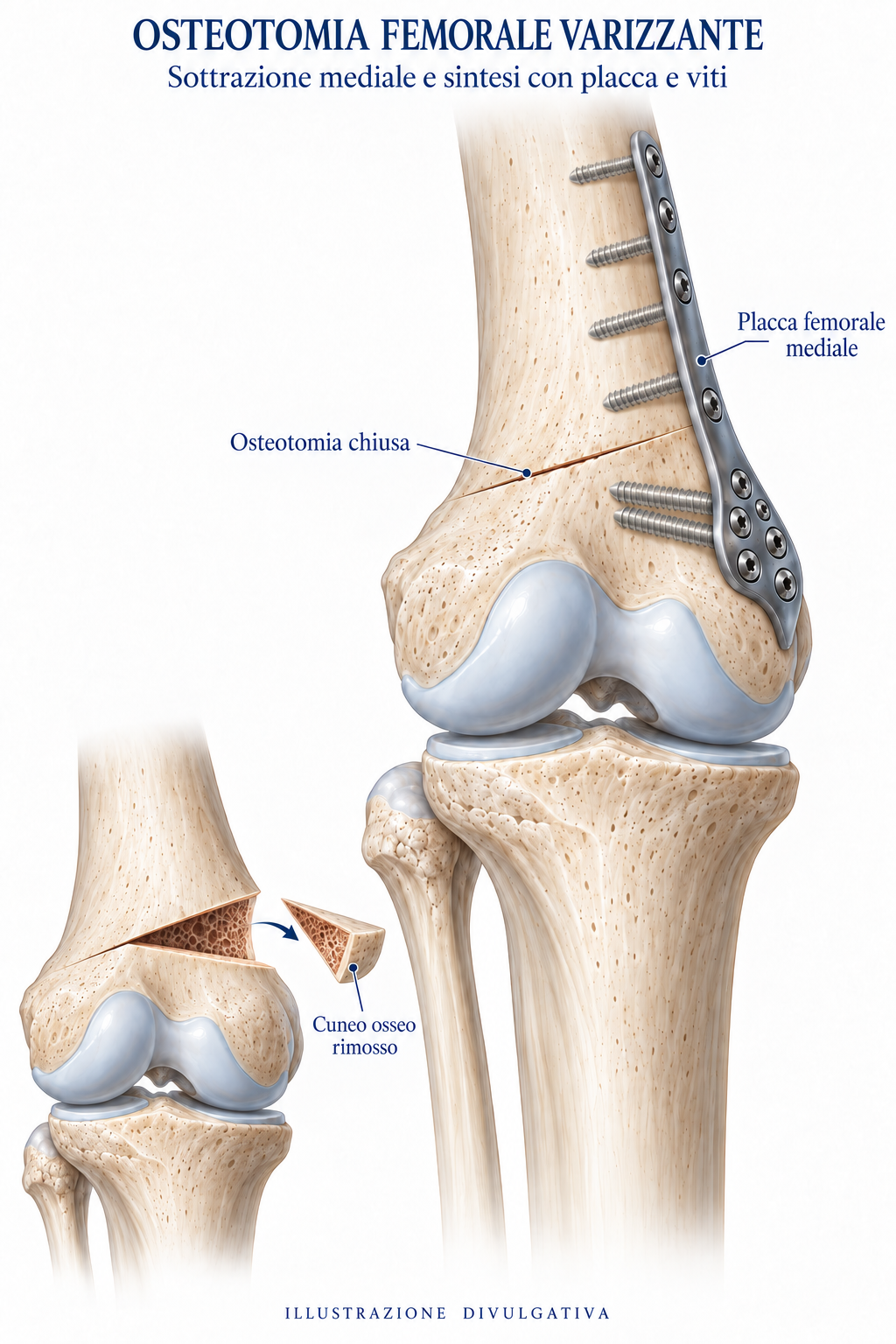 Osteotomia femorale distale varizzante di sottrazione mediale, chiusa e stabilizzata con placca e viti; dettaglio del cuneo rimosso.