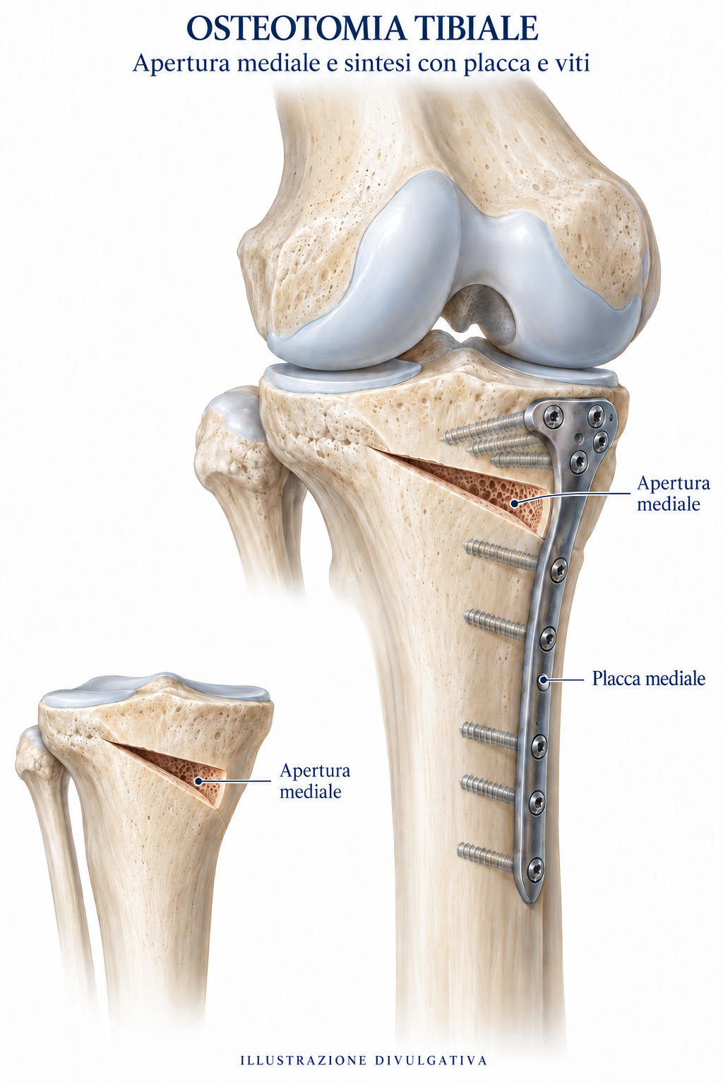 Osteotomia tibiale di apertura mediale stabilizzata con placca e viti.