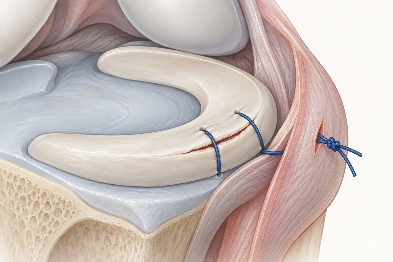 Illustrazione semplificata della sutura meniscale inside-out con fili che attraversano menisco e capsula e nodo esterno